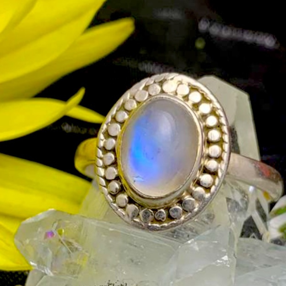 Vivid Blue Moonstone 925 Silver Ring 8 1/4 US Size